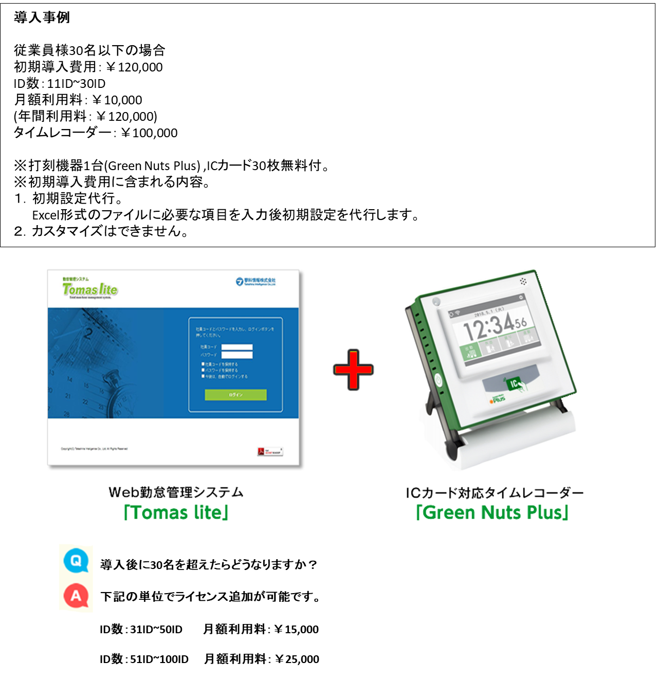 【ICカード対応タイムレコーダーとWeb勤怠管理システム等の利用料（Tomas Lite ＋ Green Nuts Plus）】